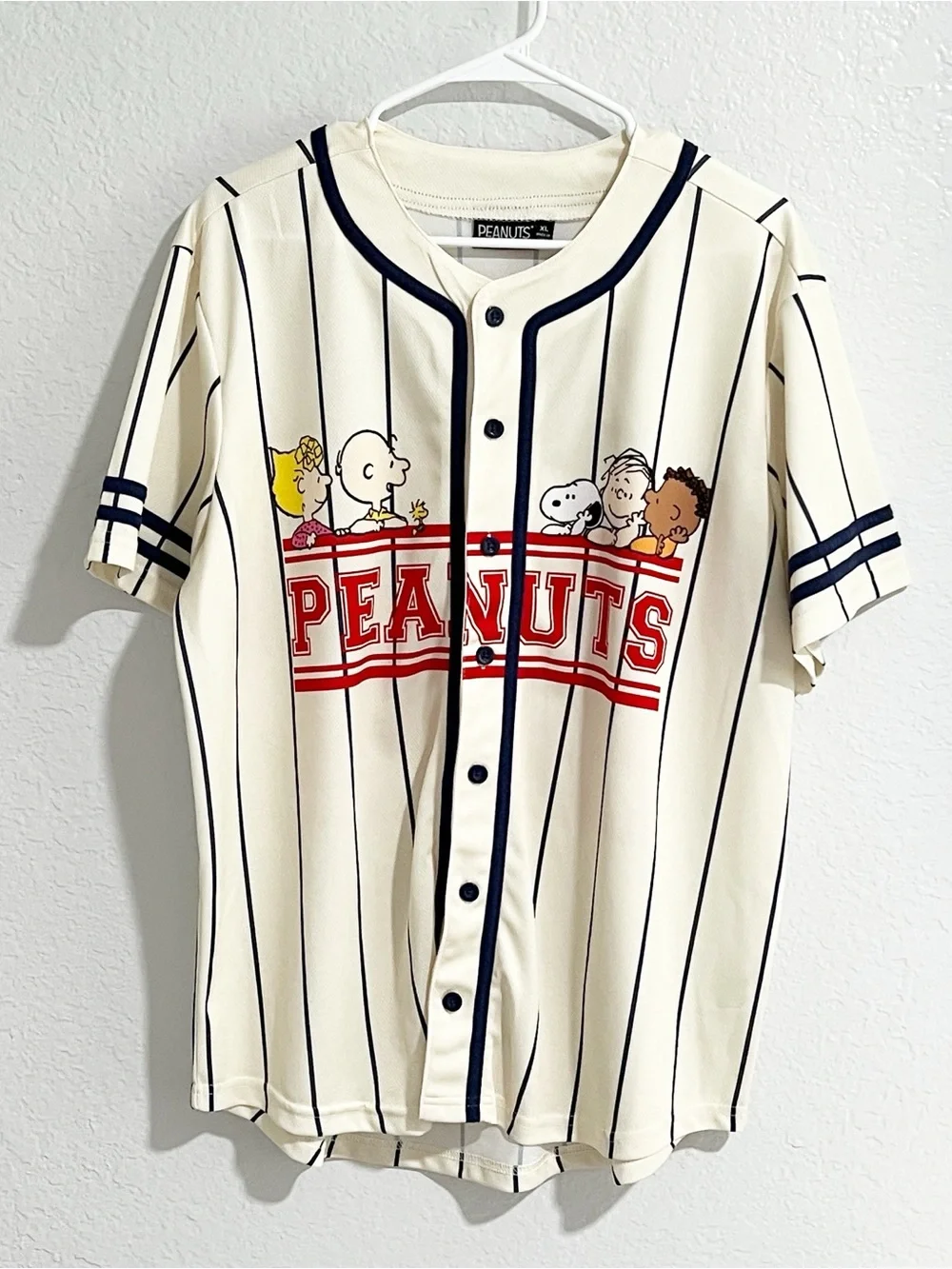 Peanuts Cream Stripes Graphic Jersey Button Down Sporty Athletic XL